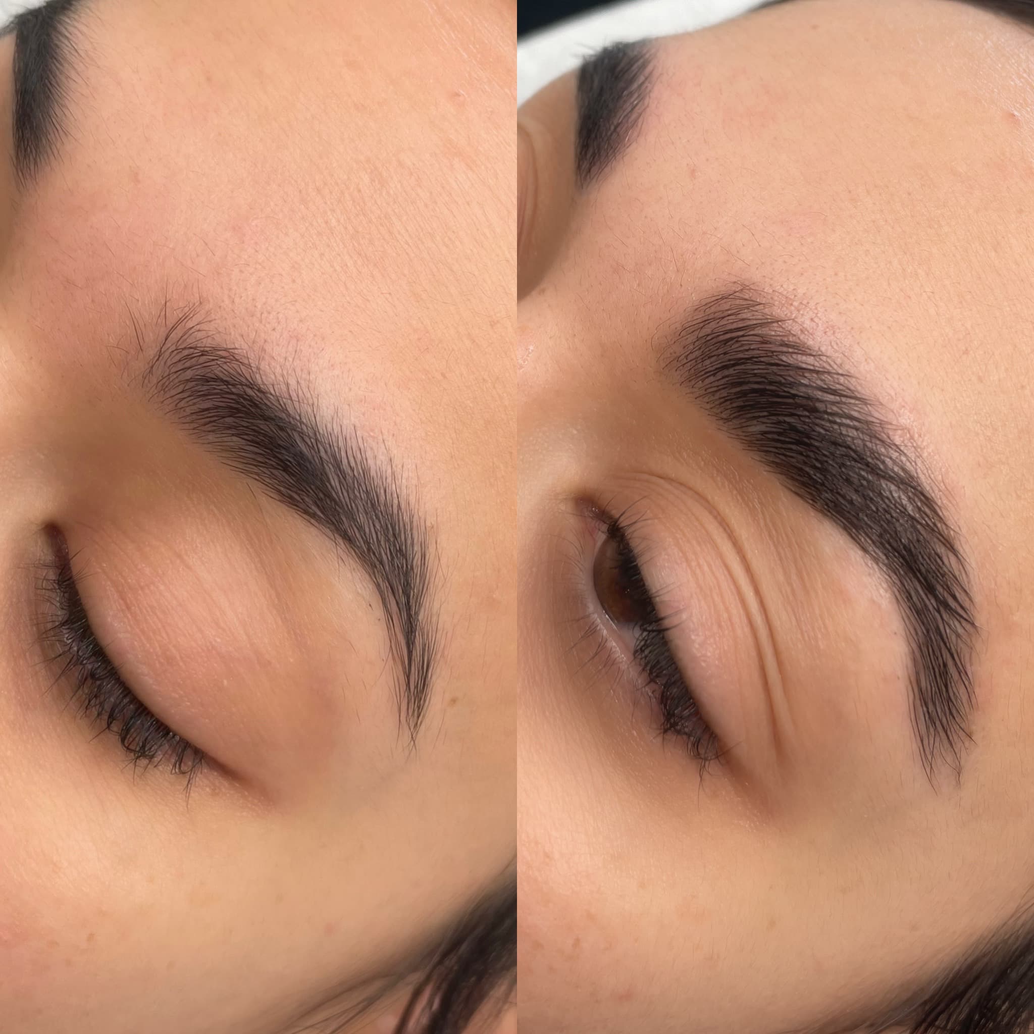 Lash extensions portfolio - Before and after close up photo of a brow lamination treatment. in San Diego
